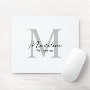 Modern Minimalist Black Script White Grey Monogram Mouse Pad