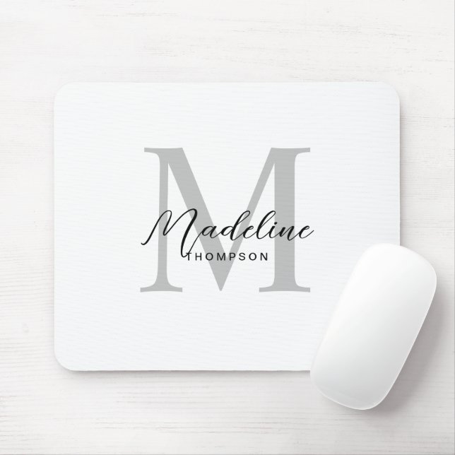 Modern Minimalist Black Script White Grey Monogram Mouse Pad (With Mouse)