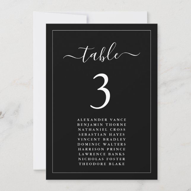 Modern Minimalist Black Seating Chart Table Card (Front)