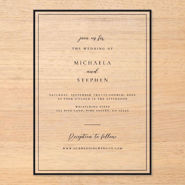 Modern Minimalist Black Typography Wedding Acrylic Invitations (Front)