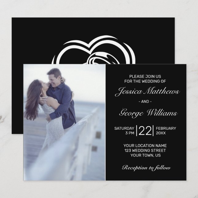 Modern Minimalist Black Wedding Photo Invitation (Front/Back)