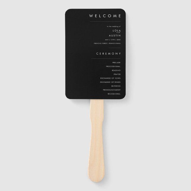 Modern Minimalist | Black Wedding Program Hand Fan (Front)