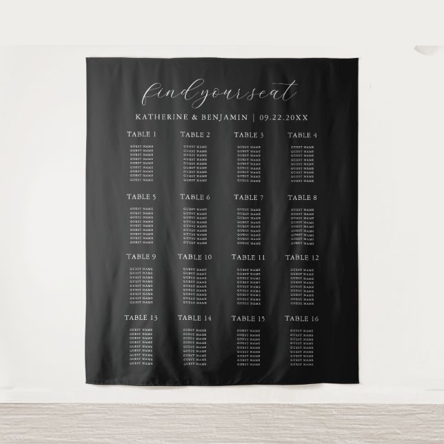 Modern Minimalist Black Wedding Seating Chart Tapestry (Front)