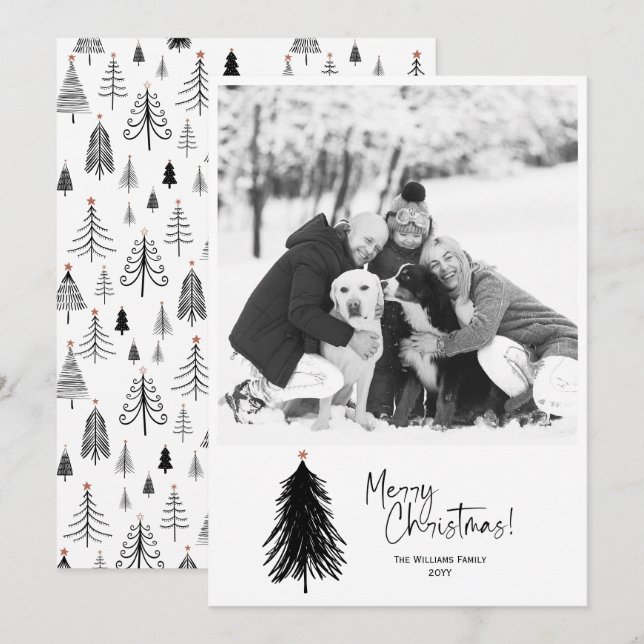 Modern Minimalist Black White Christmas Tree Photo Holiday Card (Front/Back)