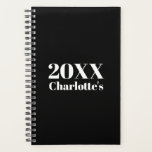 Modern minimalist black white custom year name planner<br><div class="desc">Modern minimalist black and white custom year and name personalized Planner.
Fully customizable white text on black plain solid colour background. Colours are editable.</div>