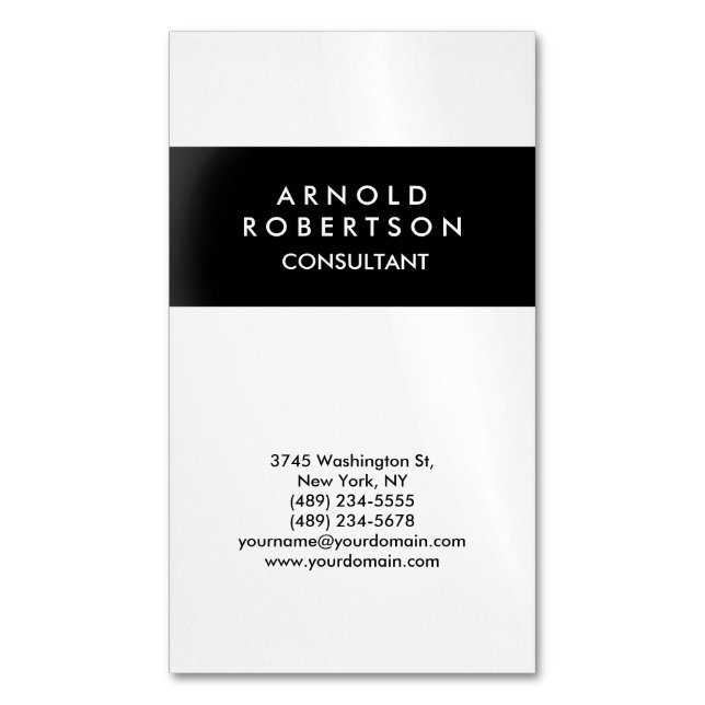 Modern Minimalist Black White Elegant Magnetic Business Card (Front Vertical)
