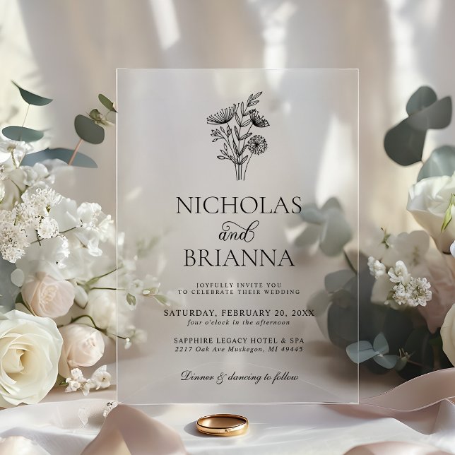 Modern Minimalist Black White Floral Wedding Acrylic Invitations (Creator Uploaded)