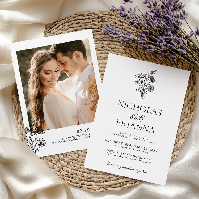 Modern Minimalist Black White Floral Wedding Photo Invitation (Creator Uploaded)