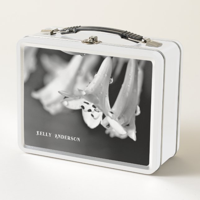 Modern Minimalist Black & White Flower with ursign Metal Lunch Box (Front)