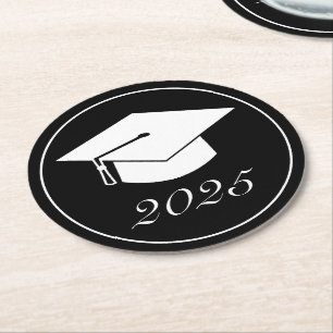 Modern Minimalist Black White Graduation Hat Round Paper Coaster