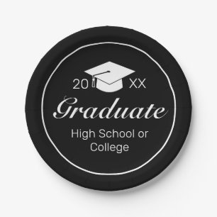 Modern Minimalist Black White Graduation  Paper Plate