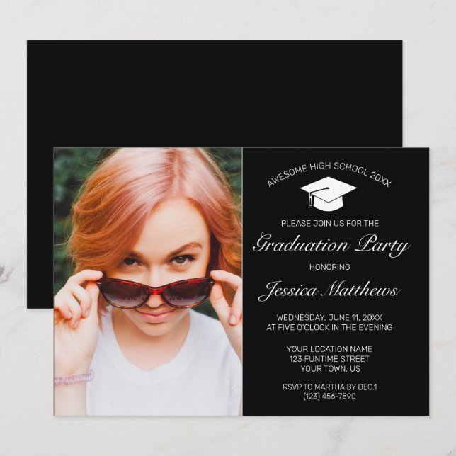 Modern Minimalist Black White Graduation Photo Invitation (Front/Back)
