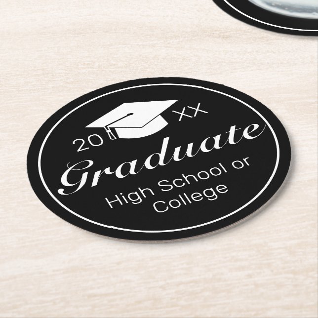 Modern Minimalist Black White Graduation Round Paper Coaster (Angled)