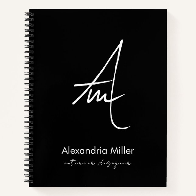 Modern Minimalist Black White Monogram Notebook (Front)