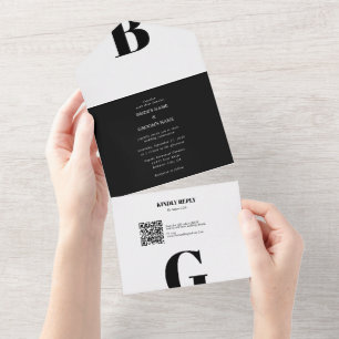 Modern Minimalist Black & White Monogram Wedding  All In One Invitation