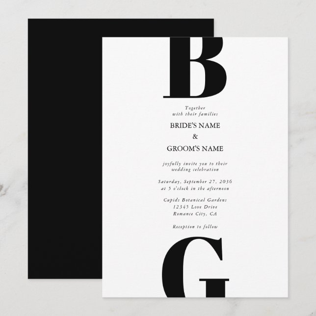 Modern Minimalist Black & White Monogram Wedding Invitation (Front/Back)