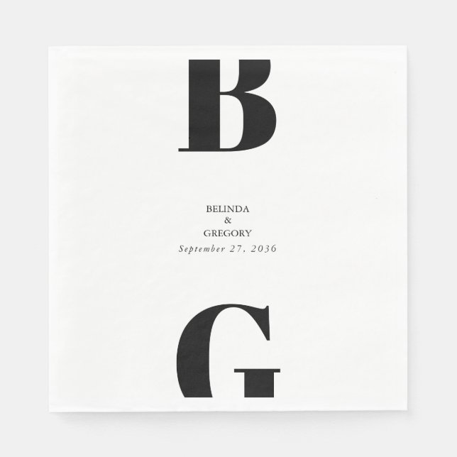 Modern Minimalist Black & White Monogram Wedding  Napkin (Front)