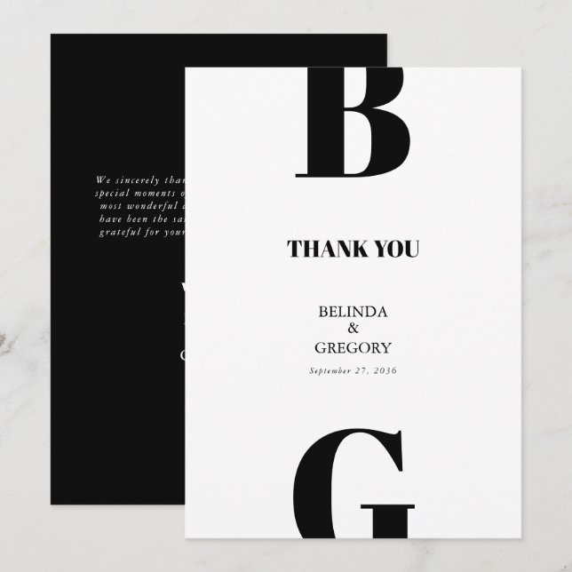 Modern Minimalist Black & White Monogram Wedding  Thank You Card (Front/Back)