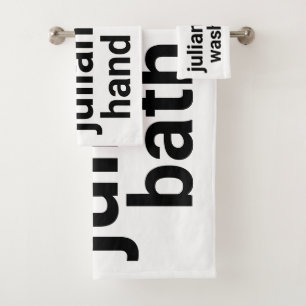 Modern Minimalist Black White Name and Label Bath Towel Set