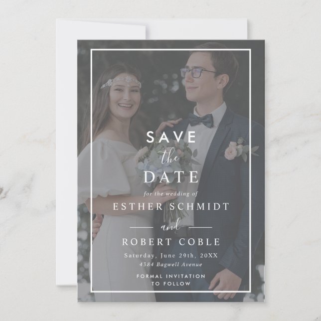 Modern Minimalist Black & White Overlay Photo Save The Date (Front)