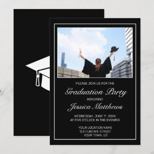 Modern Minimalist Black White Photo Graduation Invitation