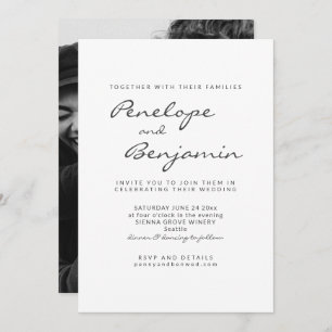 Modern Minimalist Black White Photo Script Wedding Invitation