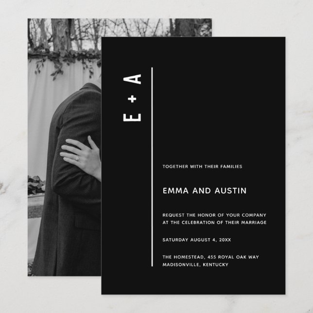 Modern Minimalist Black White Photo Wedding Invitation (Front/Back)