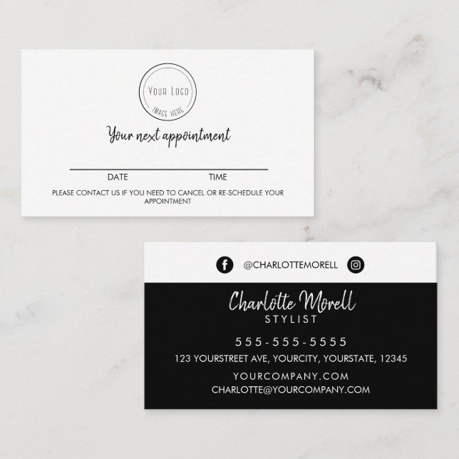 Modern minimalist black white simple with logo app appointment card (Front/Back)