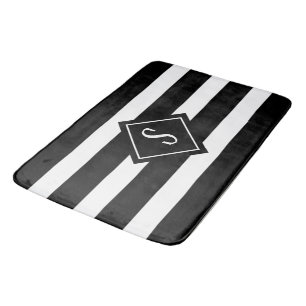 Modern Minimalist Black White Stripes Monogram Bath Mat