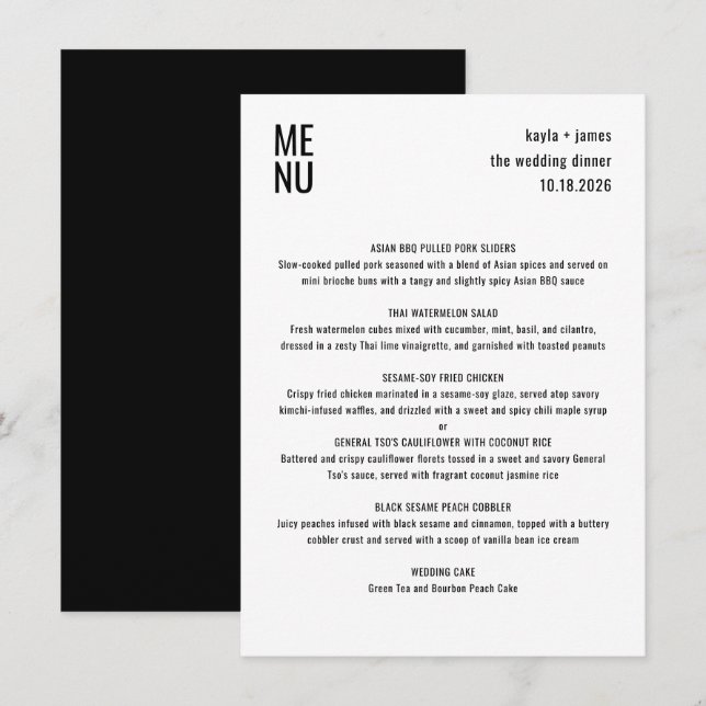 Modern Minimalist Black White Stylish Wedding Menu (Front/Back)