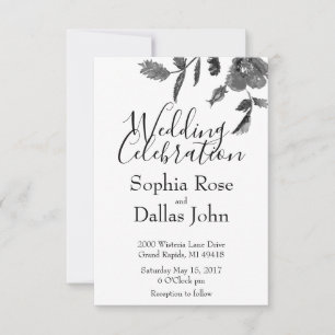 Modern minimalist black white watercolor roses   invitation