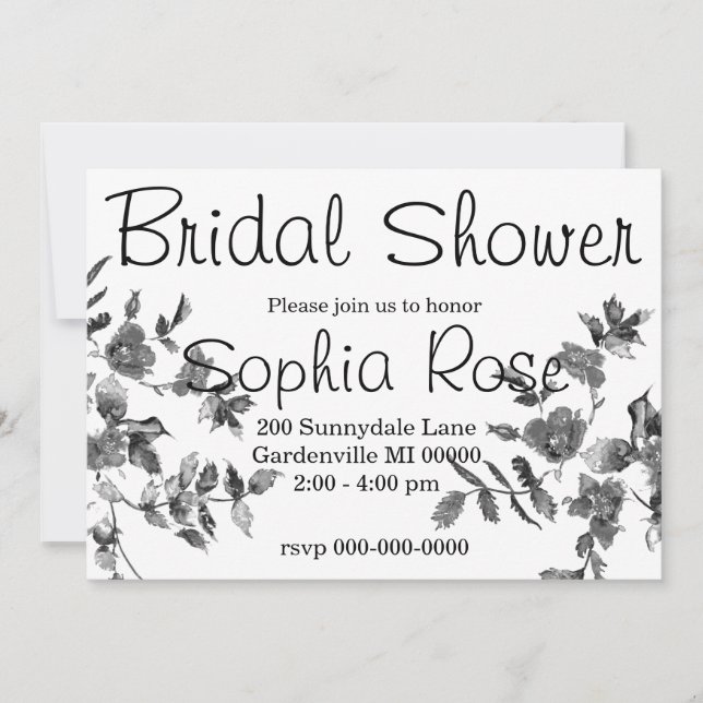 Modern minimalist black white watercolor roses  invitation (Front)