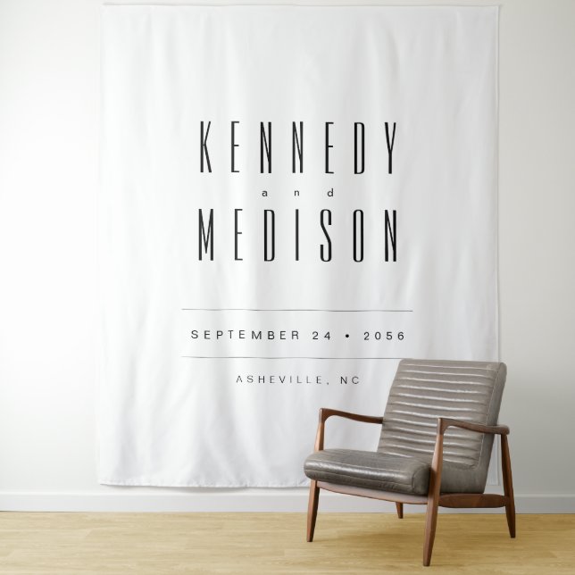 Modern Minimalist Black & White Wedding Backdrop Tapestry (In Situ)