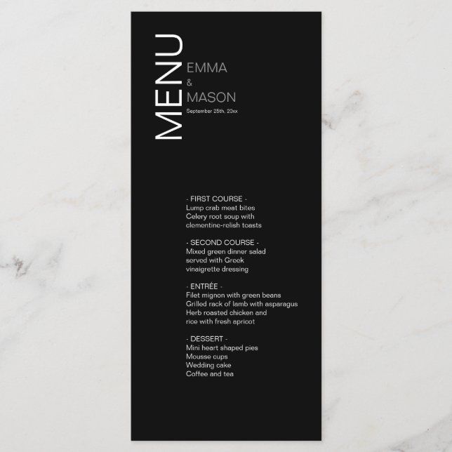 Modern Minimalist Black White Wedding Menu (Front)
