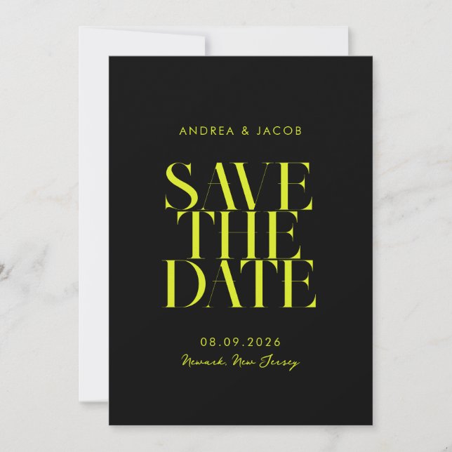 Modern Minimalist Black Yellow Chic Wedding Save The Date (Front)