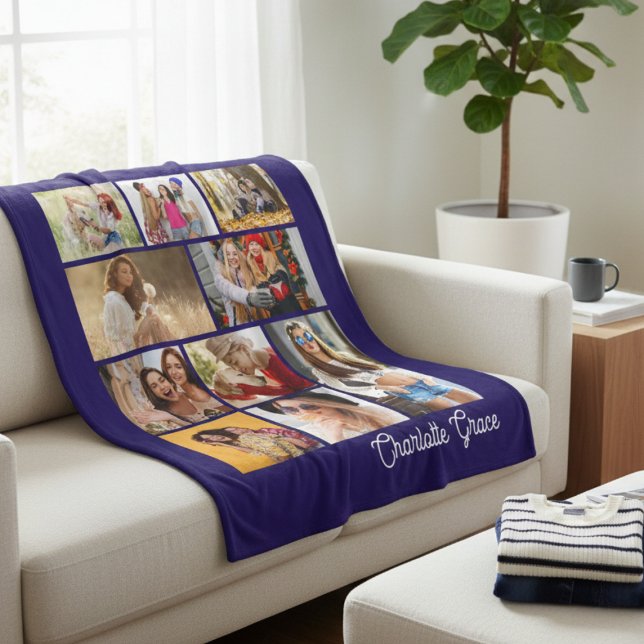 Modern Minimalist Blue 10 Photo Collage With Name Fleece Blanket (Creator Uploaded)