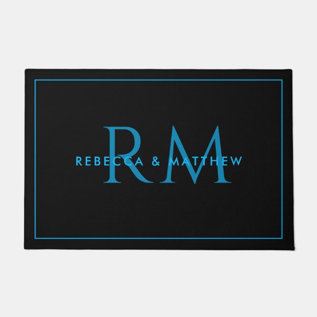Modern Minimalist Blue Black Couple Monogram Doormat (Front)