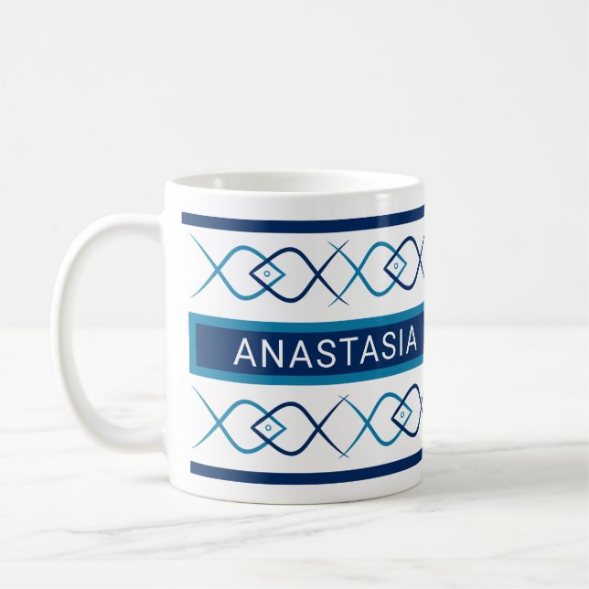 Modern minimalist blue fish and lines custom name  coffee mug (Left)