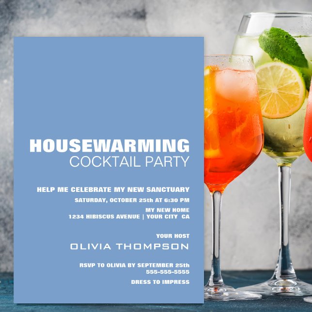 Modern Minimalist Blue Housewarming Cocktail Party Invitation (Creator Uploaded)