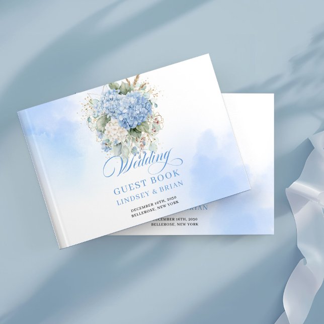 Modern Minimalist Blue Hydrangeas Gold Wedding Guest Book (Modern Minimalist Blue Hydrangeas Gold Wedding Guest Book)