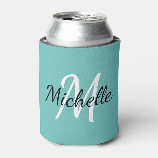 Modern Minimalist Blue Monogram Name Can Cooler (Can Front)