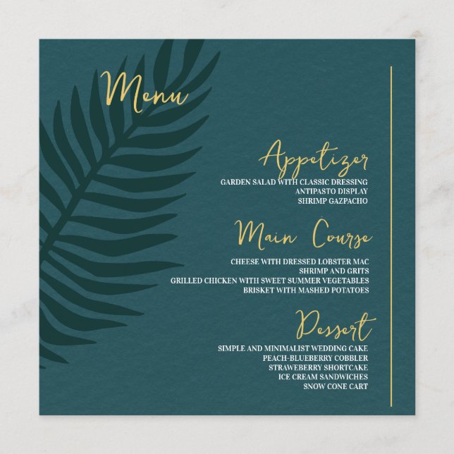 Modern Minimalist Blue Palm Leaf Wedding Table  Menu (Front)