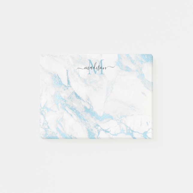 Modern Minimalist Blue Pastel Marble Monogram Name Post-it Notes (Front)