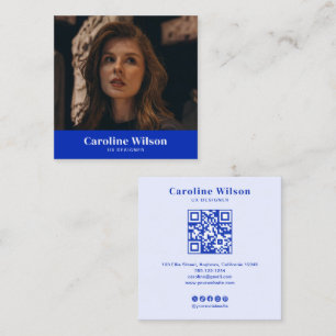 Modern Minimalist Blue Professional QR Code Photo Square Business Card