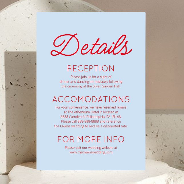 Modern Minimalist Blue Red Wedding Details Enclosure Card (Creator Uploaded)