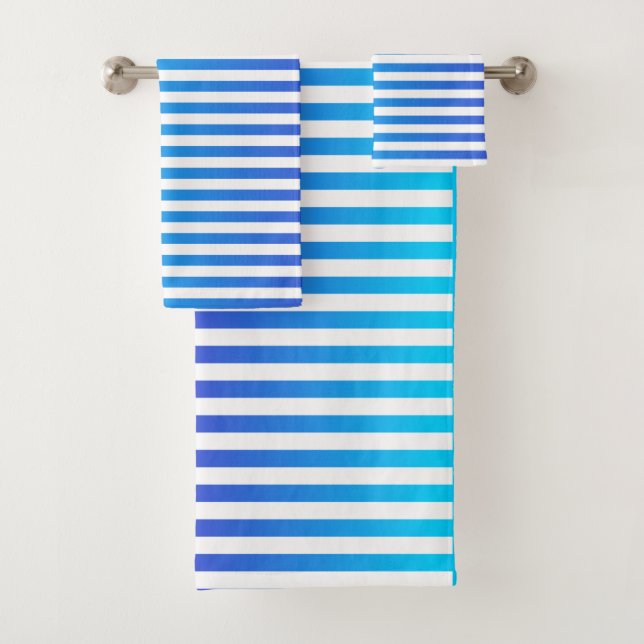 Modern Minimalist Blue Turquoise Ombre Stripes Bath Towel Set (Insitu)