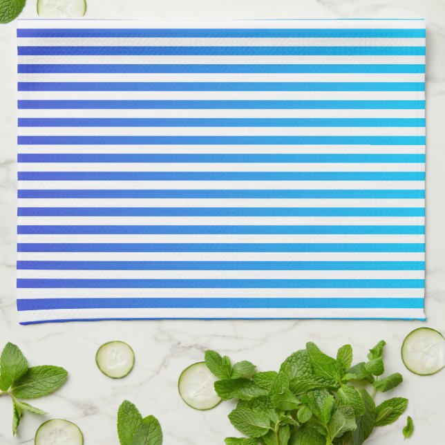 Modern Minimalist Blue Turquoise Ombre Stripes Kitchen Towel (Folded)
