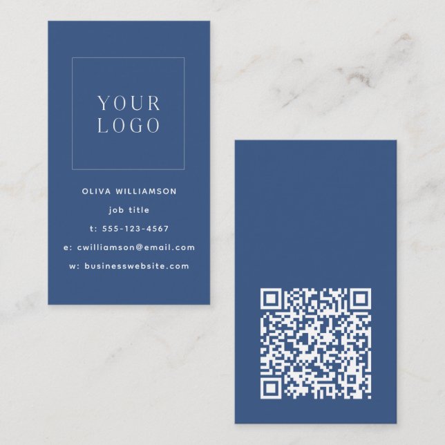 Modern Minimalist Blue Vertical Logo QR Code Business Card (Front/Back)