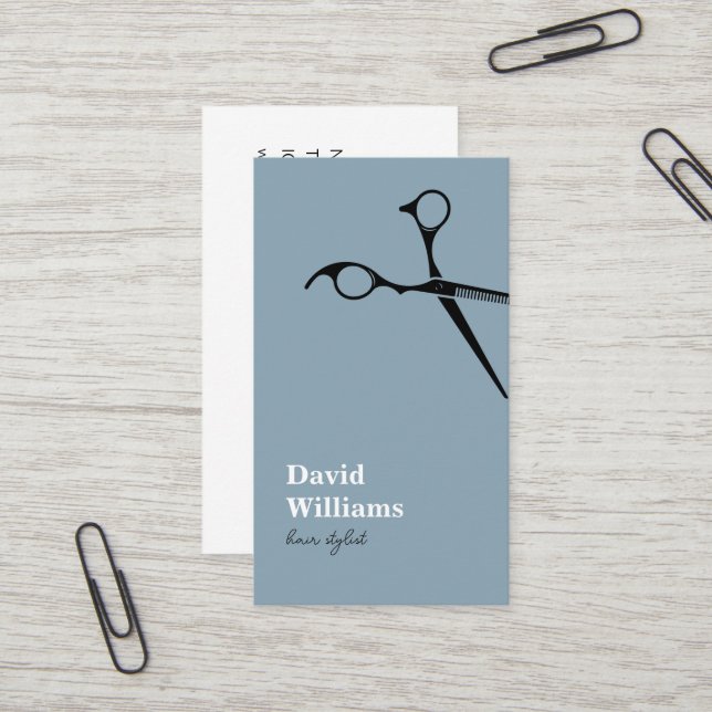 Modern Minimalist Blue White Hair Stylist Business Card (Front/Back In Situ)