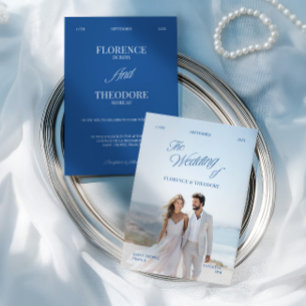 Modern Minimalist Blue & White Photo Wedding Invitation
